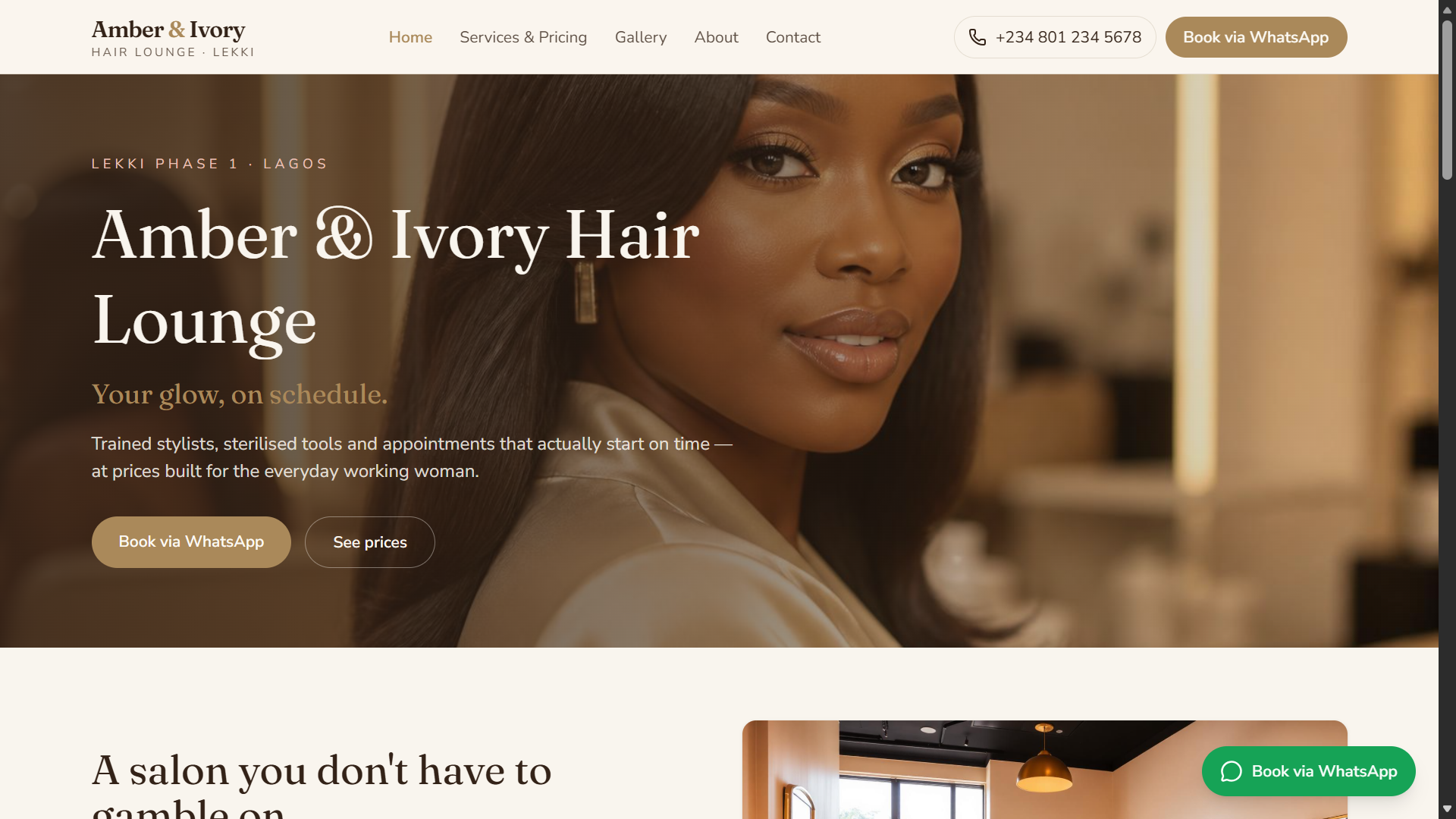 Amber & Ivory Hair Lounge website — warm salon hero with cream and gold palette