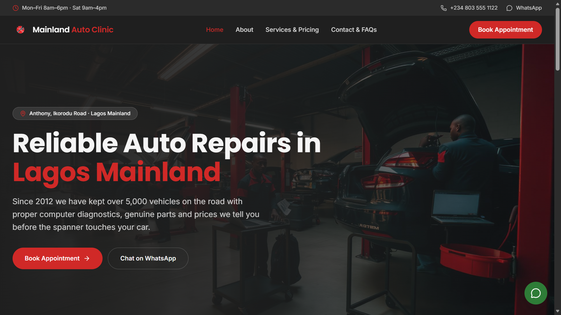 Mainland Auto Clinic website — dark automotive workshop hero with red accents